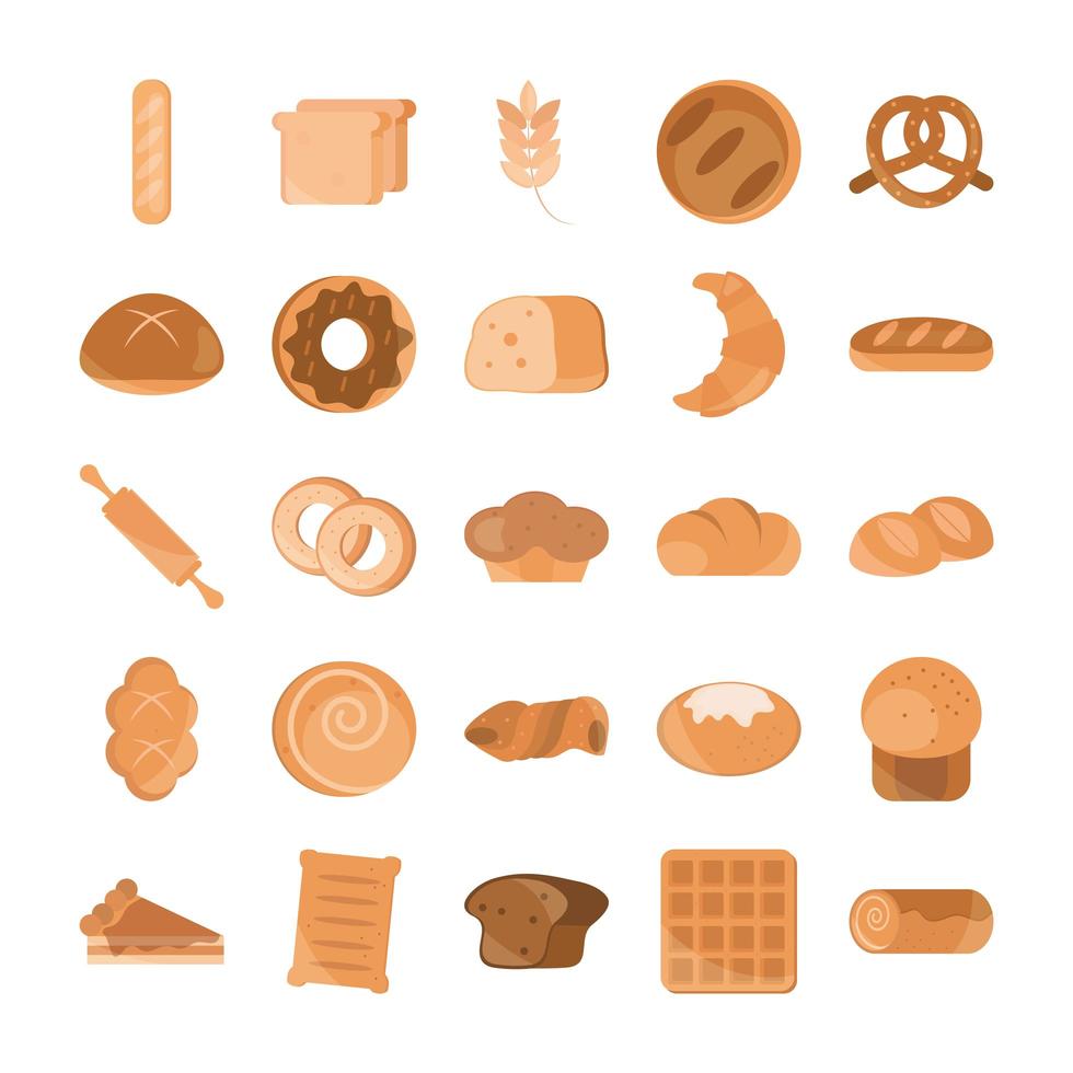 bread menu bakery food product flat style icons set vector