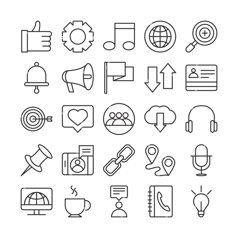 social media digital internet network communicate technology line style icons set vector