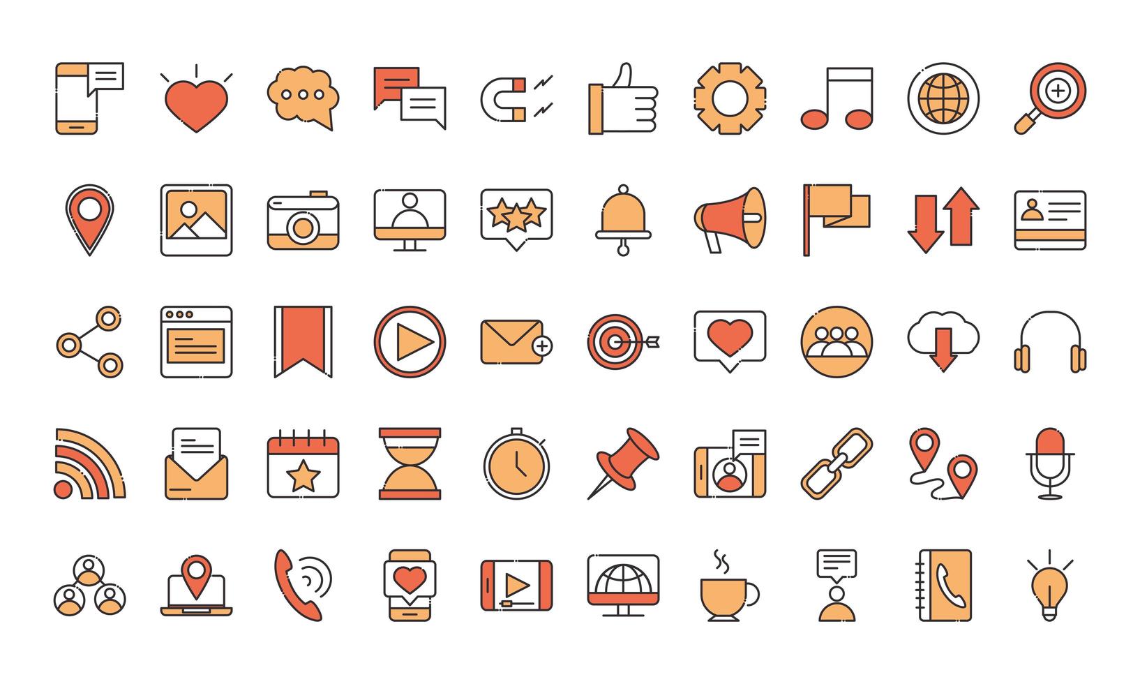 social media digital internet network communicate technology line and fill design icons set vector