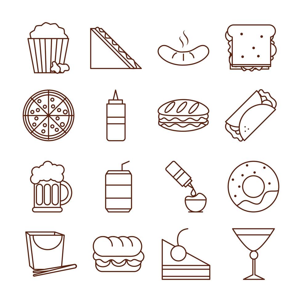 fast food dinner and menu tasty meal and unhealthy restaurant lunch icons set line and fill style vector