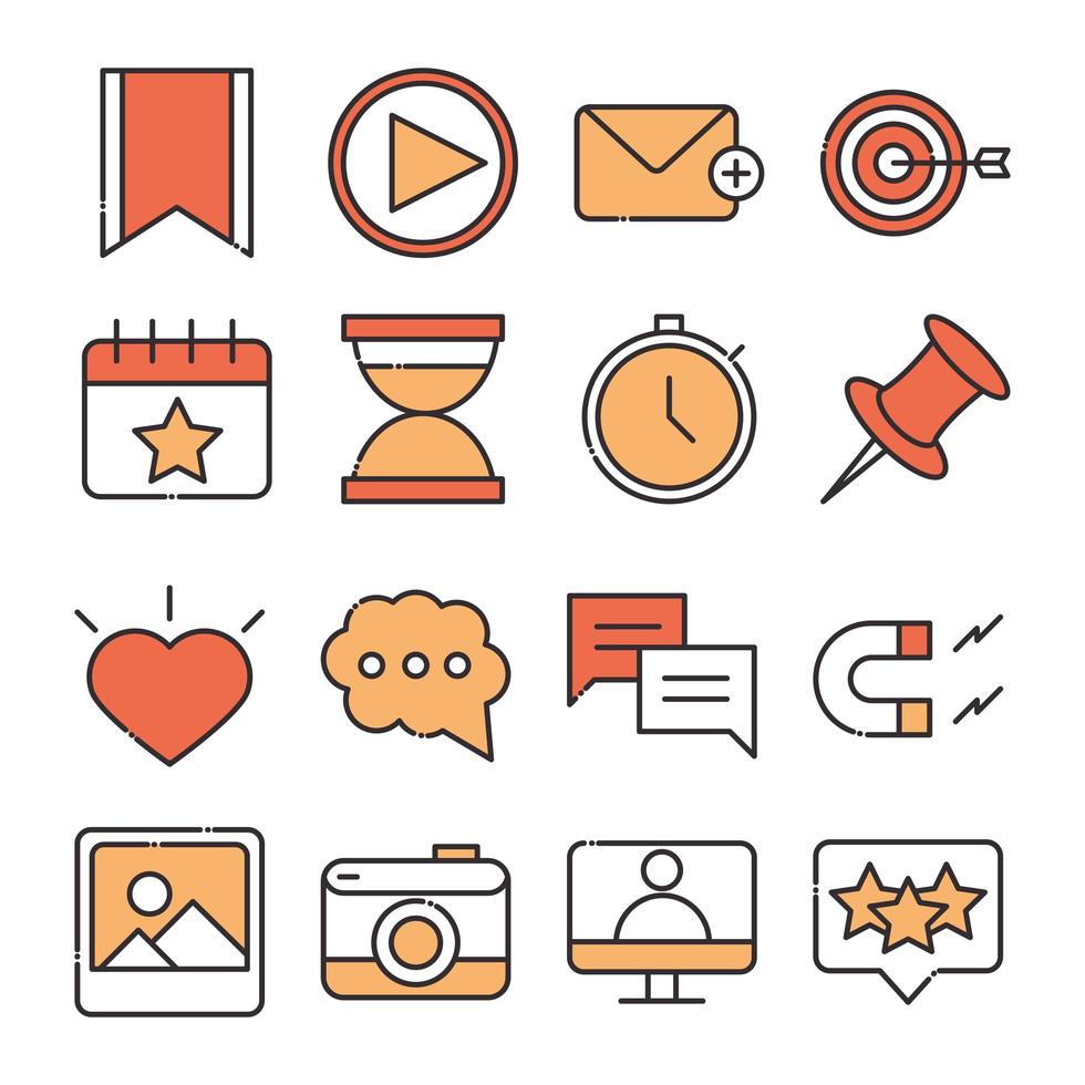 social media digital internet network communicate technology line and fill design icons set vector