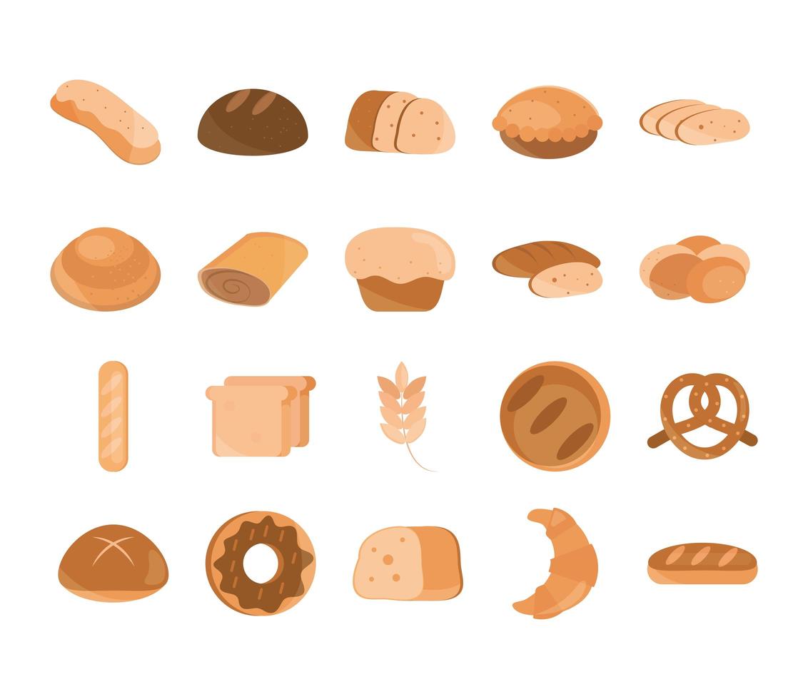 Conjunto de iconos de estilo plano de productos alimenticios de panadería menú de pan vector