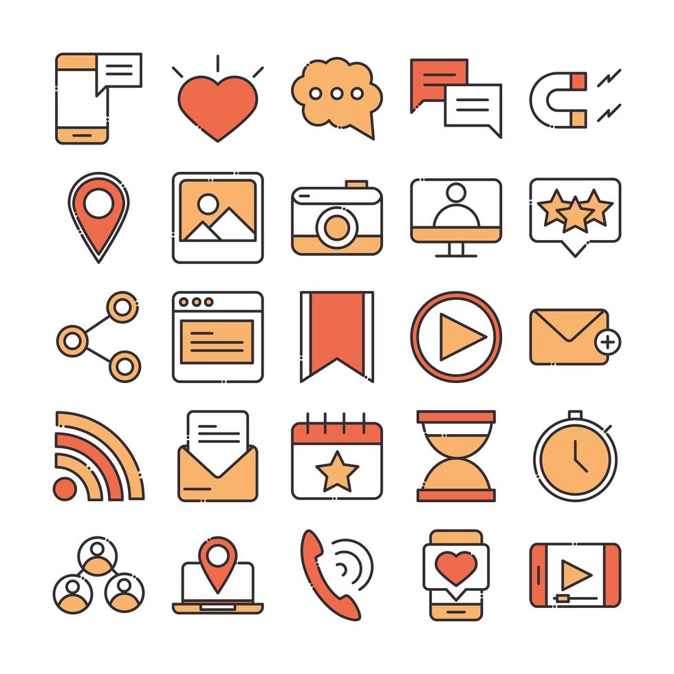 social media digital internet network communicate technology line and fill design icons set vector