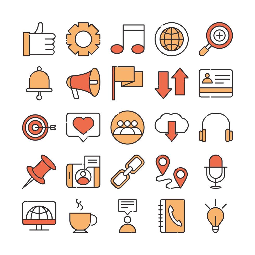 social media digital internet network communicate technology line and fill design icons set vector