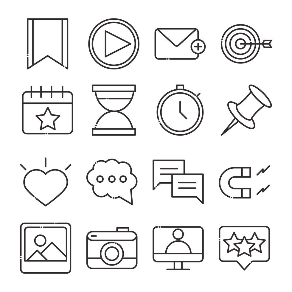 social media digital internet network communicate technology line style icons set vector