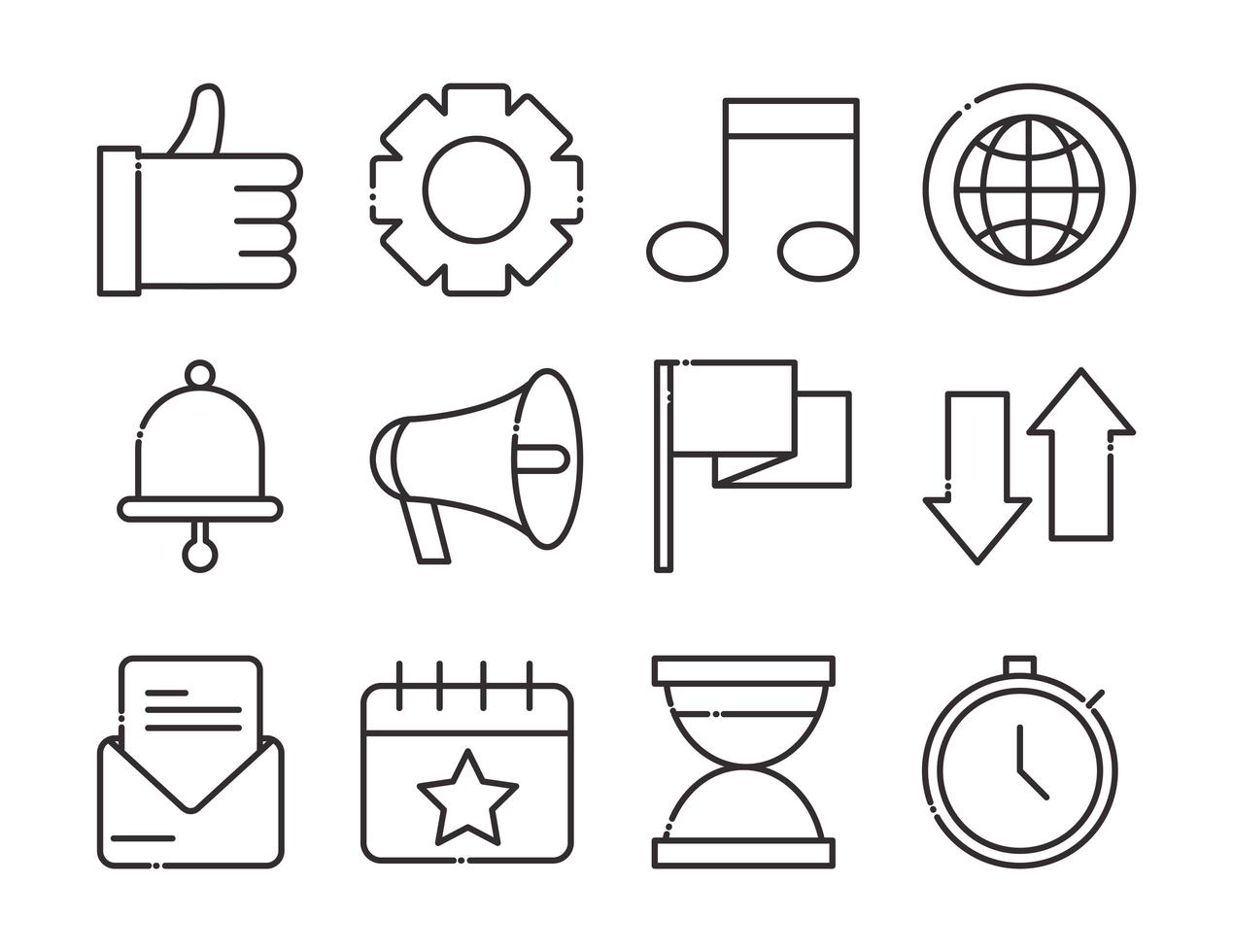 social media digital internet network communicate technology line style icons set vector