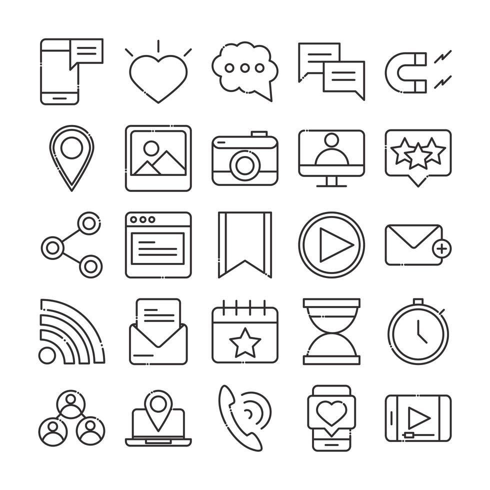 social media digital internet network communicate technology line style icons set vector