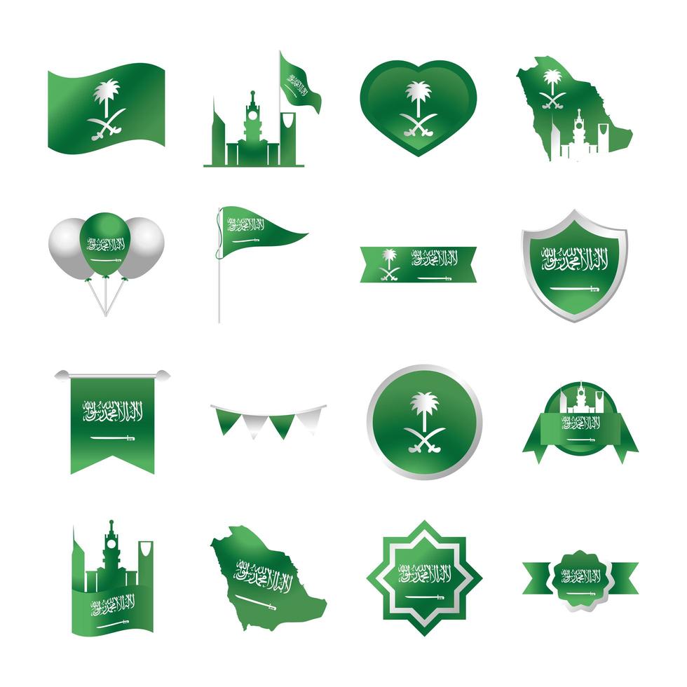 Reino de arabia saudita celebración del día nacional libertad iconos nacionales establecen estilo degradado vector