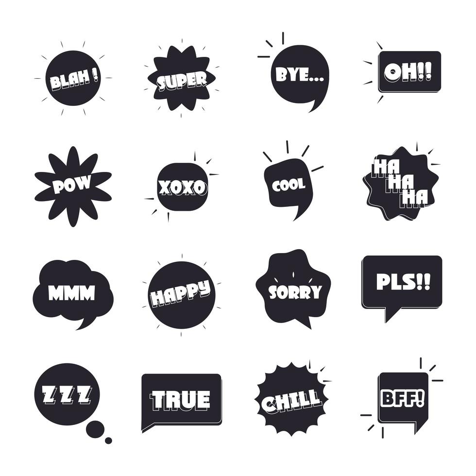 slang bubbles different words and phrases bang yes sorry yeah flat icons set vector