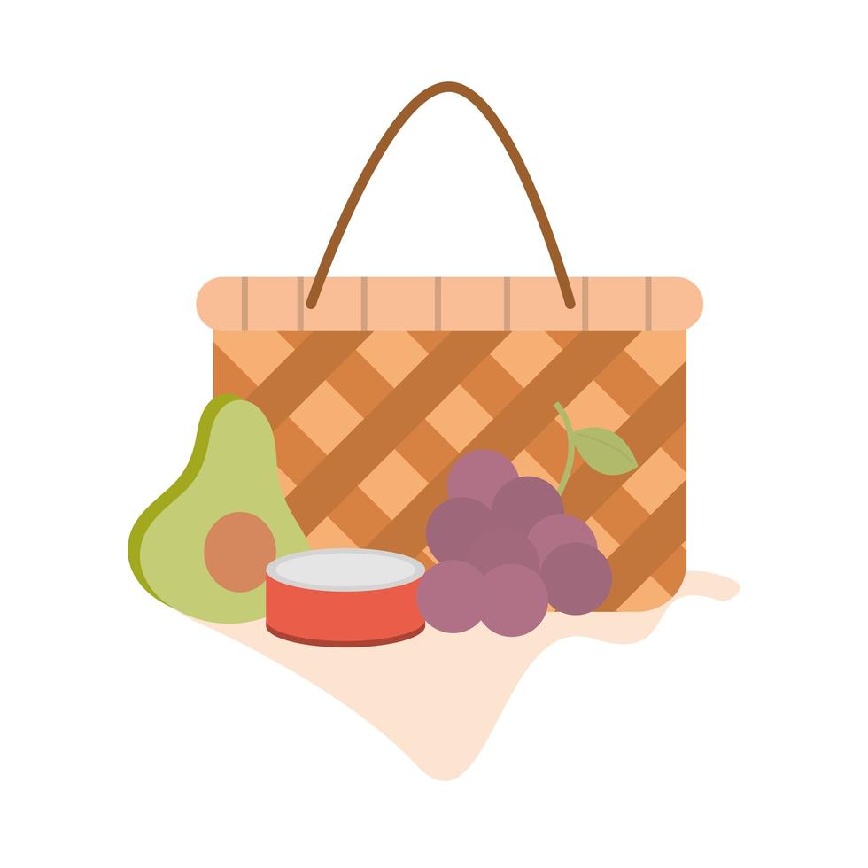 picnic basket canned food grapes avocado food and blanket vector