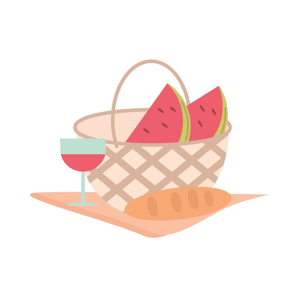 picnic basket slices watermelon wine glass and blanket vector