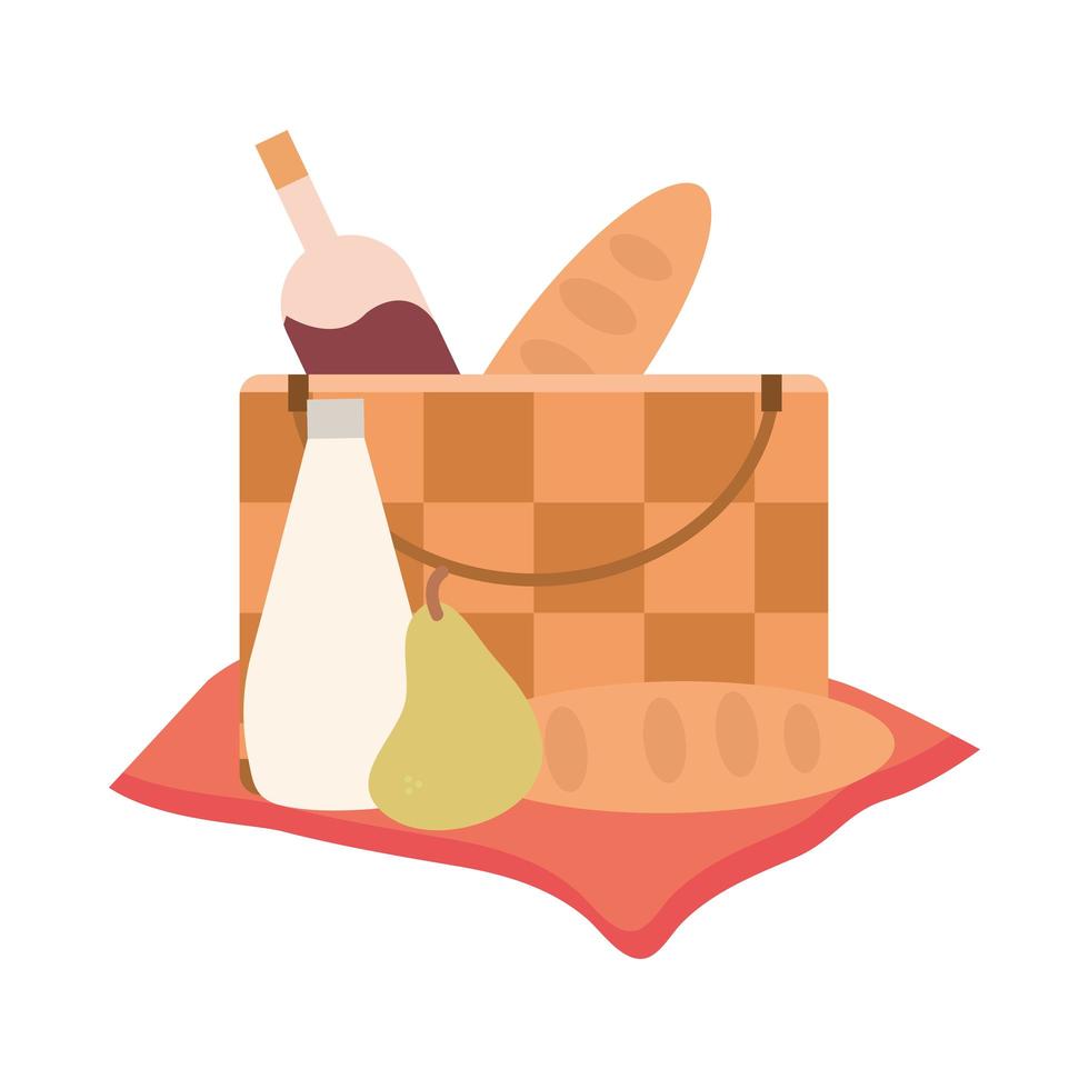 picnic basket wine bottle bread pear and juice on blanket vector