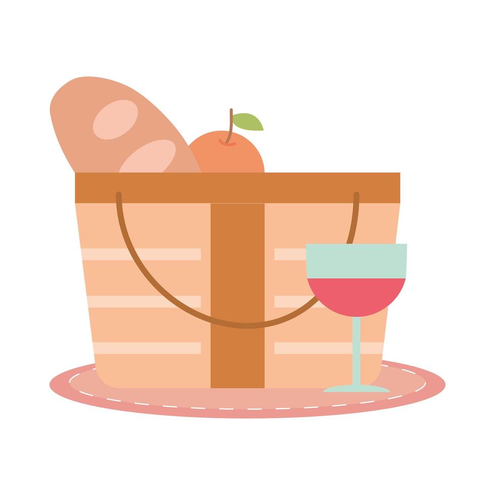 canasta de picnic copa de vino pan y naranja comida vector