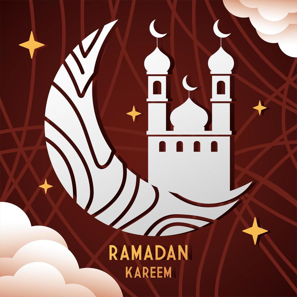 edificio de la mezquita islámica de ramadan kareem en la tarjeta de la luna vector