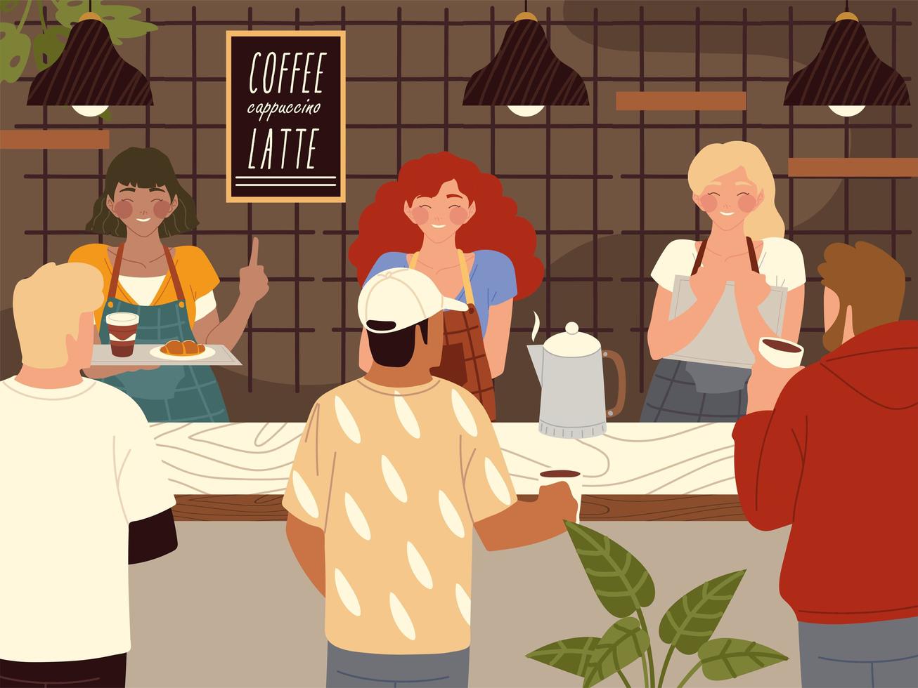 coffeehouse barista and coffee shop customers characters vector
