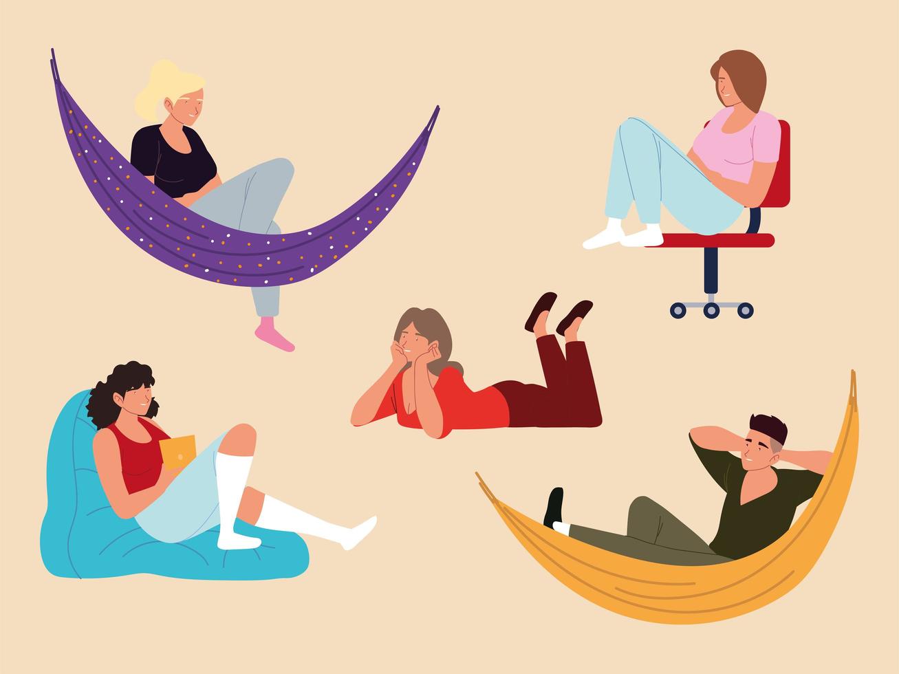 set people in hammock, floor with device and relaxing pose, procrastination vector