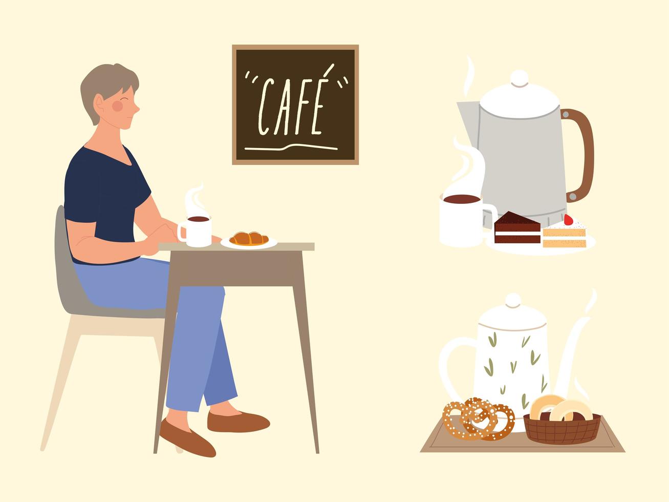 cafetería, mujer sentada con taza y croissant, servicio de restaurante vector