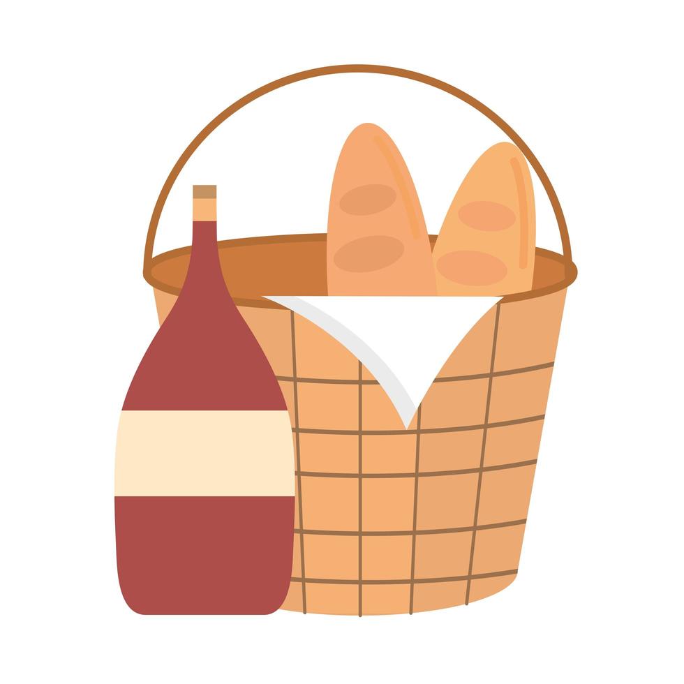 picnic basket wine bottle bread baguettes and napkin vector