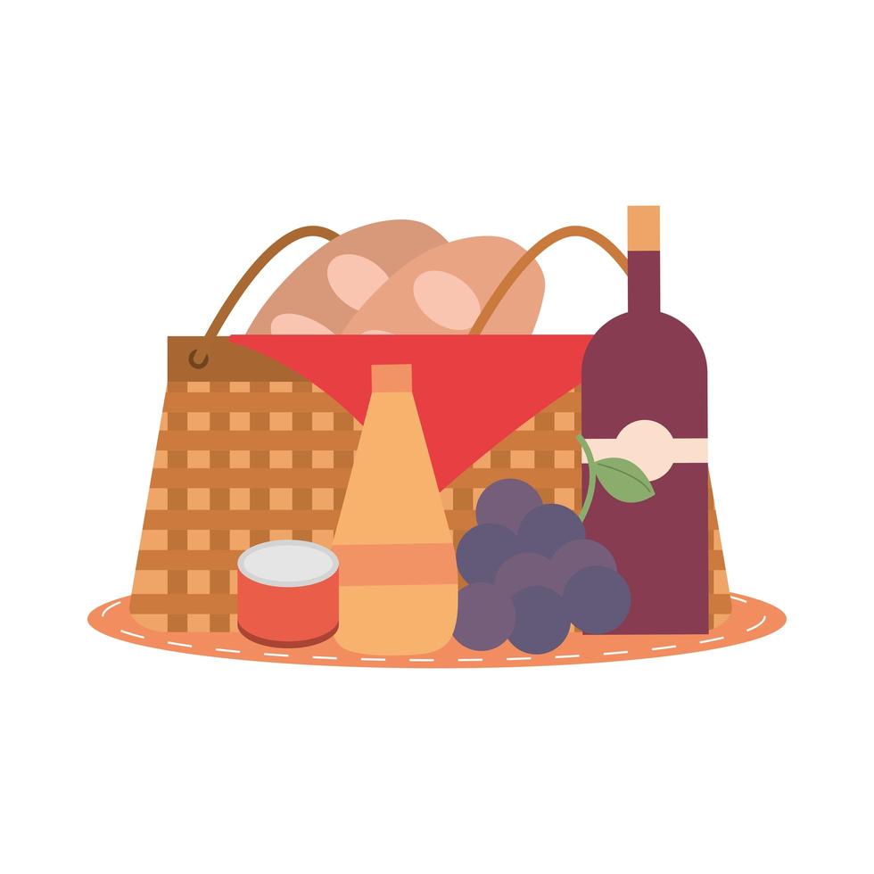 picnic basket bread wine bottle grapes juice and canned food vector