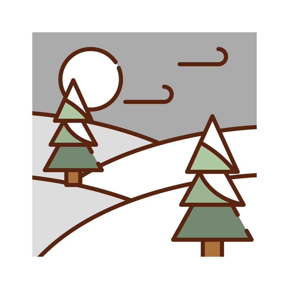 landscape winter forest trees wind cold nature cartoon filled line flat colors vector