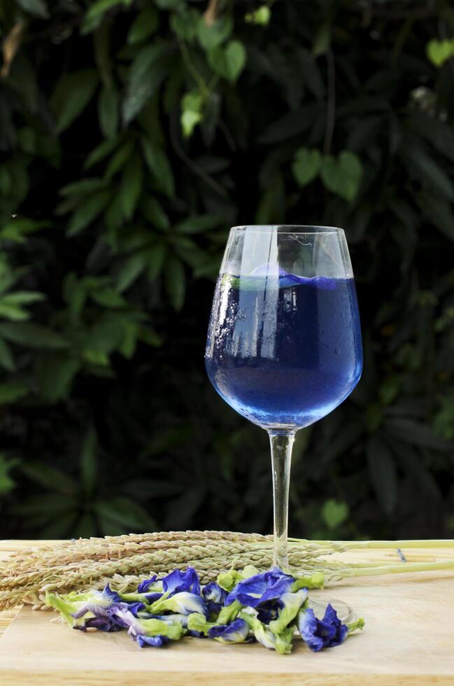 Butterfly pea bebida azul a base de hierbas frescas con copa de vino vertical foto