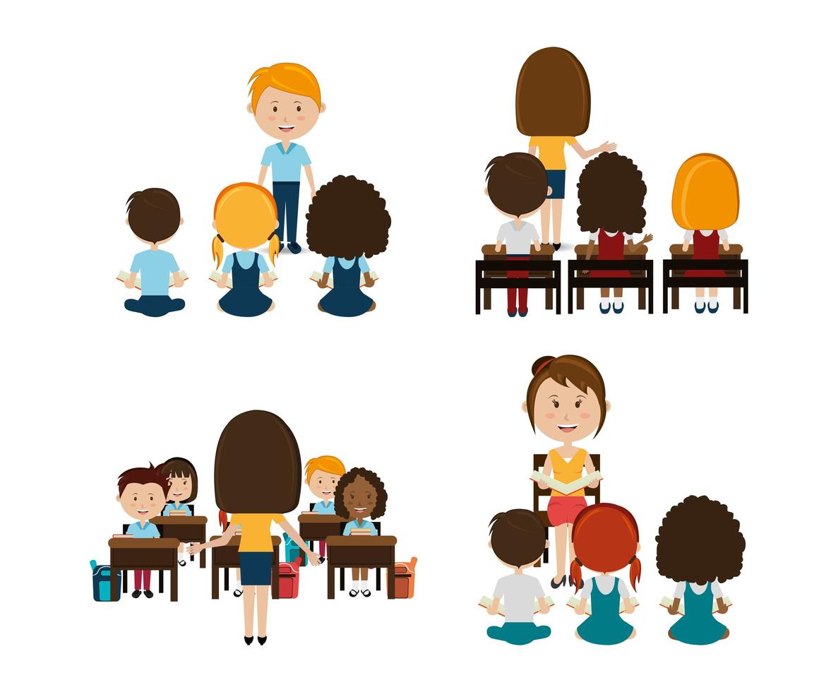 group of little students with teachers vector