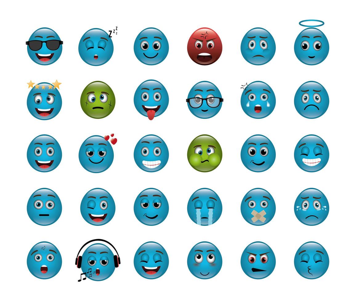 paquete de emoticonos con expresiones. vector