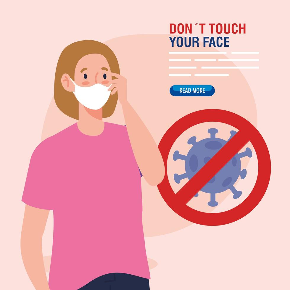 no toque su cara, mujer joven que usa mascarilla y partícula de coronavirus en señal prohibida, evite tocarse la cara, prevención de coronavirus covid19 vector