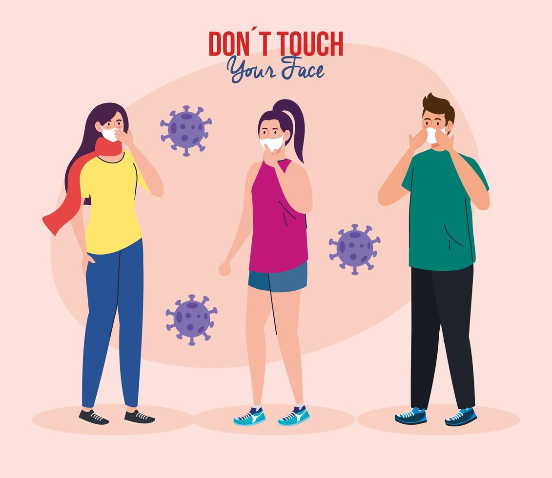 no toque su cara, jóvenes que usan mascarilla, eviten tocarse la cara, prevención del coronavirus covid19 vector
