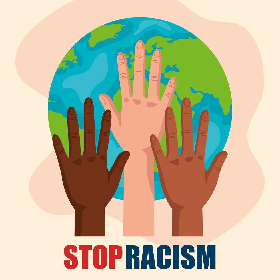 Detener el racismo, con las manos y el planeta tierra mundial, las vidas negras importan el concepto vector