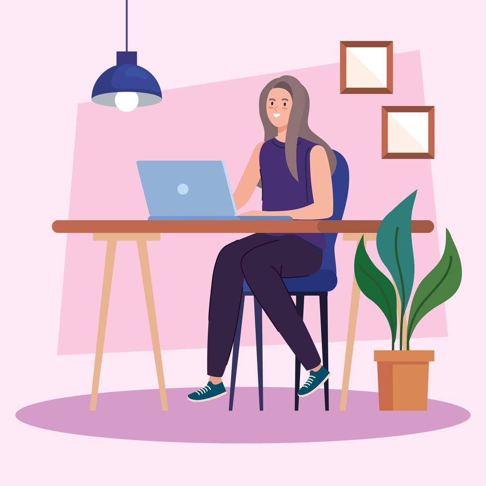 young woman using laptop on desk, working online concept vector