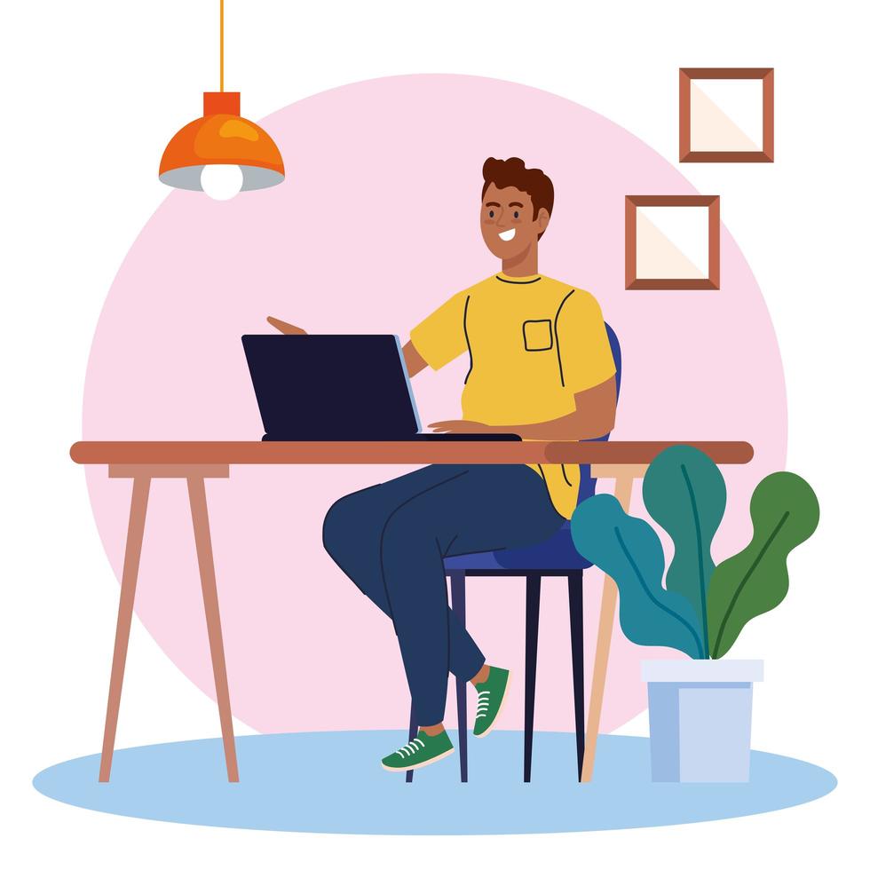 man afro using laptop computer in desk, working online vector