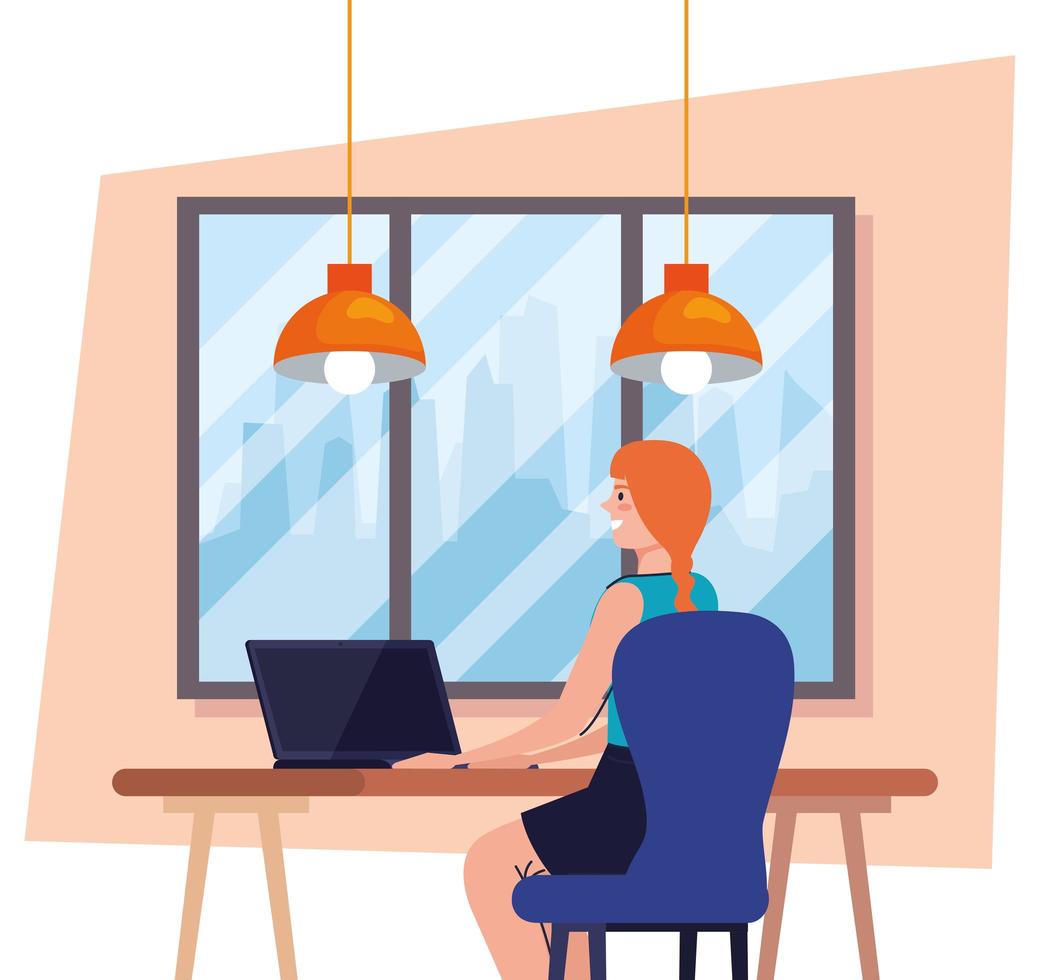 woman using laptop computer on desk, working online vector