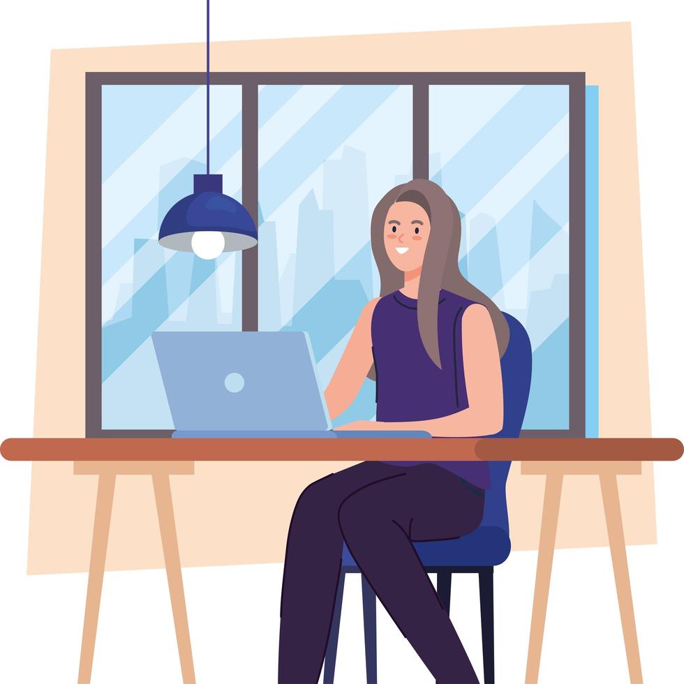 young woman using laptop computer on desk, working online vector