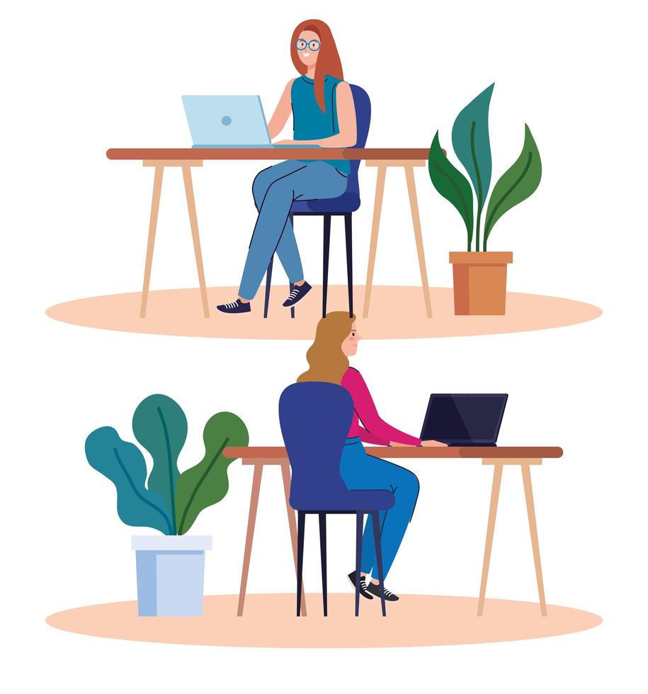 coworking space, women in desks with laptops, team working concept vector