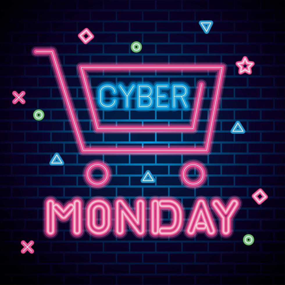 Cyber Monday con carro de neón en el diseño de vectores de fondo de ladrillos