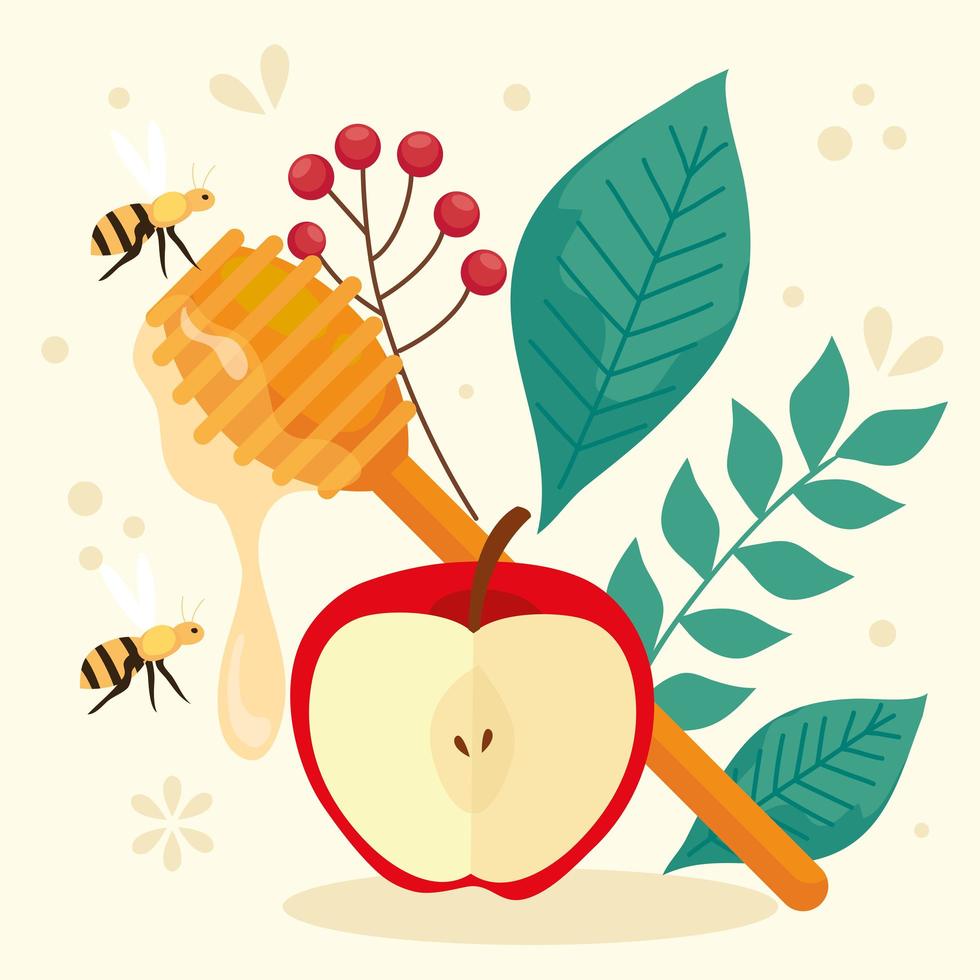 rosh hashanah celebration, jewish new year, with apple, wooden stick of honey, leaves and bees flying vector