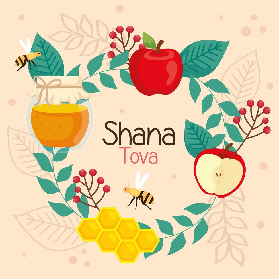 celebración de rosh hashaná, año nuevo judío, con marco redondo de hojas con decoración vector