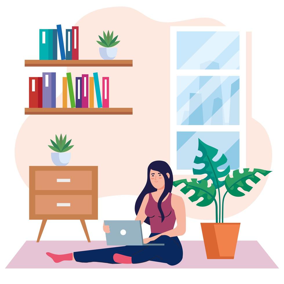 home working, freelancer young woman sitting in floor, working from home on relaxed pace, convenient workplace vector