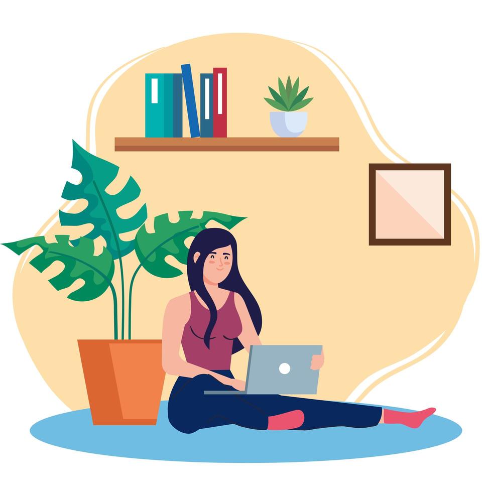 home working, freelancer woman sitting in floor, working from home in relaxed pace, convenient workplace vector