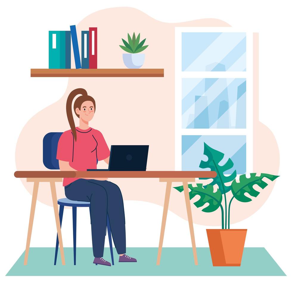 home working, freelancer young woman with laptop in desk, working from home in relaxed pace, convenient workplace vector