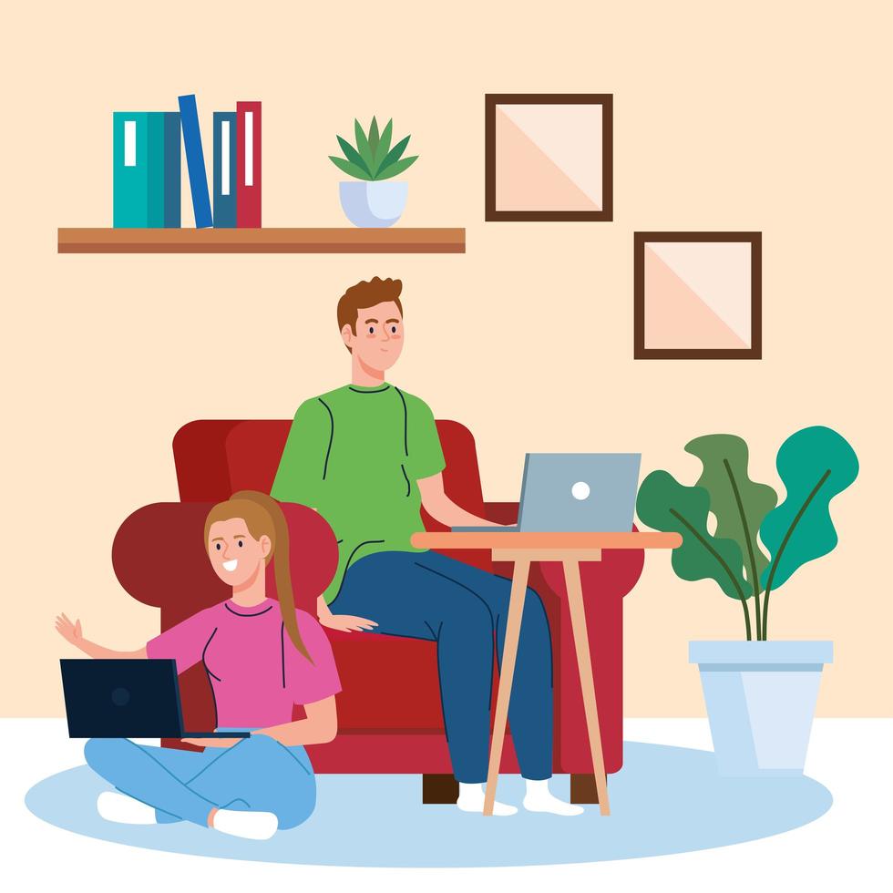 home working, freelancer couple with laptops in living room, working from home in relaxed pace, convenient workplace vector