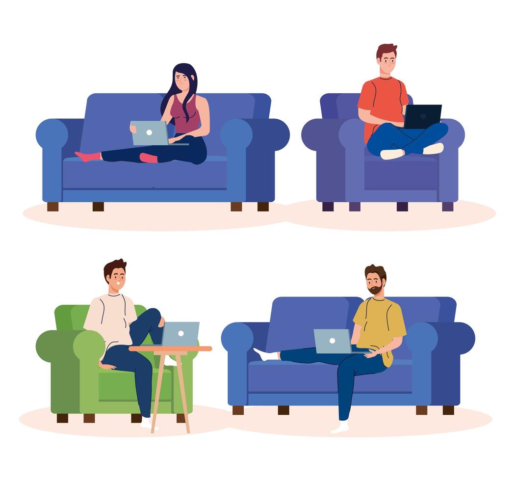 set scenes of home working, freelancer couple working from home in relaxed pace, convenient workplaces vector