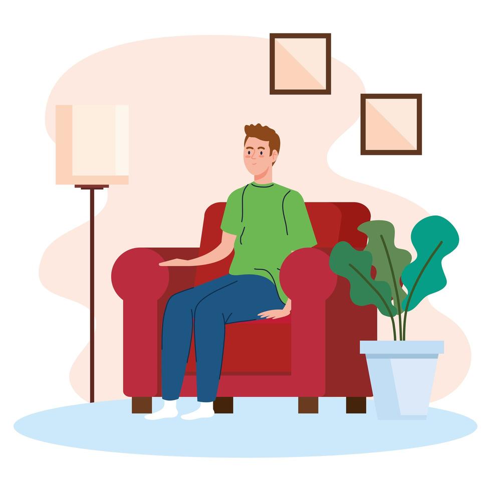 young man sitting in sofa, living room home place vector