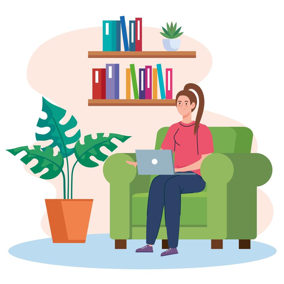 home working, freelancer woman with laptop on sofa, working from home in relaxed pace, convenient workplace vector