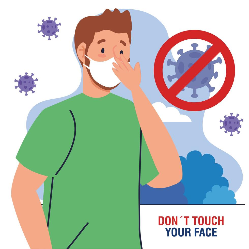 do not touch your face, young man using face mask outdoor, avoid touching your face, coronavirus covid19 prevention vector