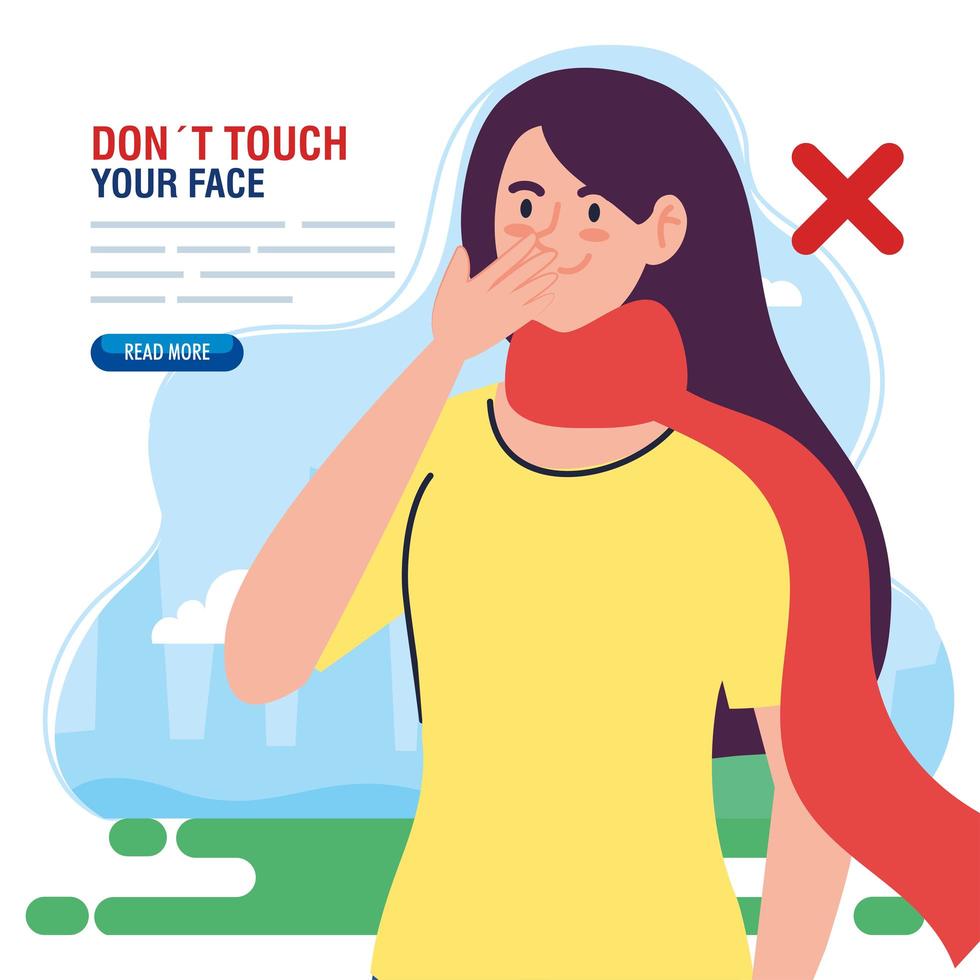 do not touch your face, woman with scarf outdoor, avoid touching your face, coronavirus covid19 prevention vector