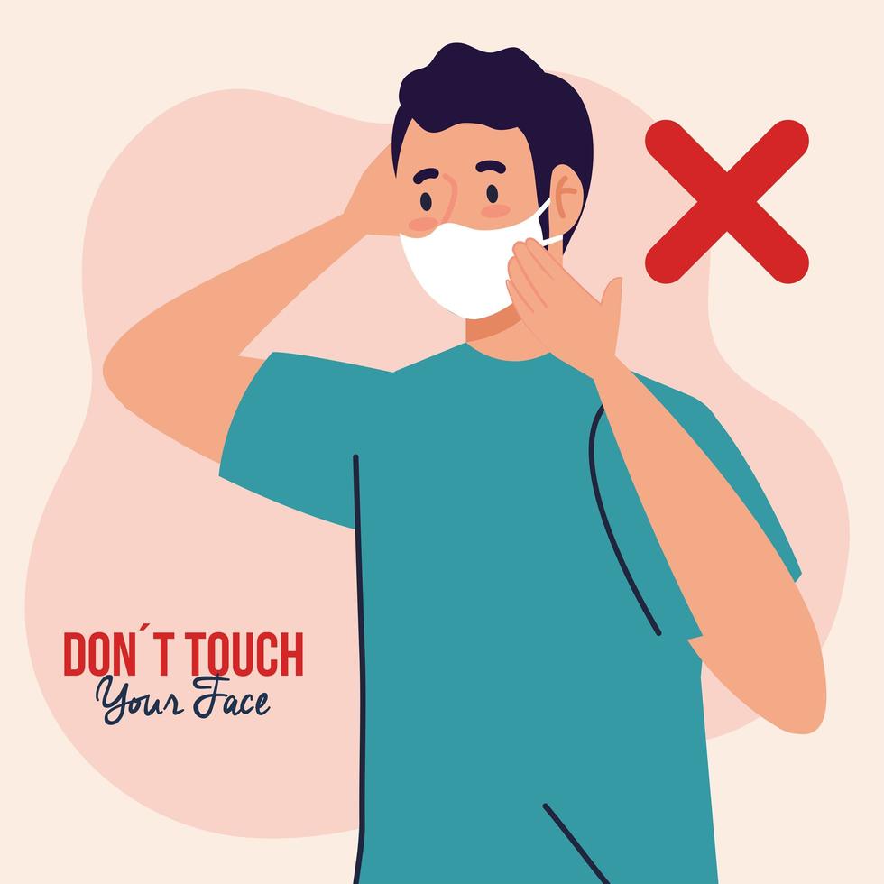 do not touch your face, young man wearing face mask, avoid touching your face, coronavirus covid19 prevention vector