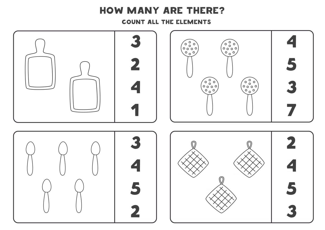 Counting game with black and white kitchen utensils Math worksheet vector