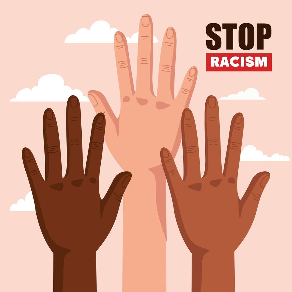 stop racism, with hands and cloud on background, concept of black lives matter vector